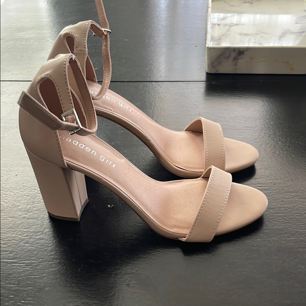 Madden Girl Tan Block Heel Sandals with Ankle Strap